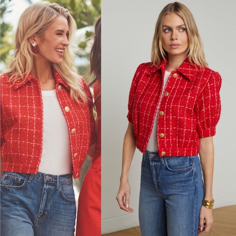 L’Agence Cove Cropped Tweed Jacket Red Hot Pink Plaid Puff Sleeve Size 12 NWT